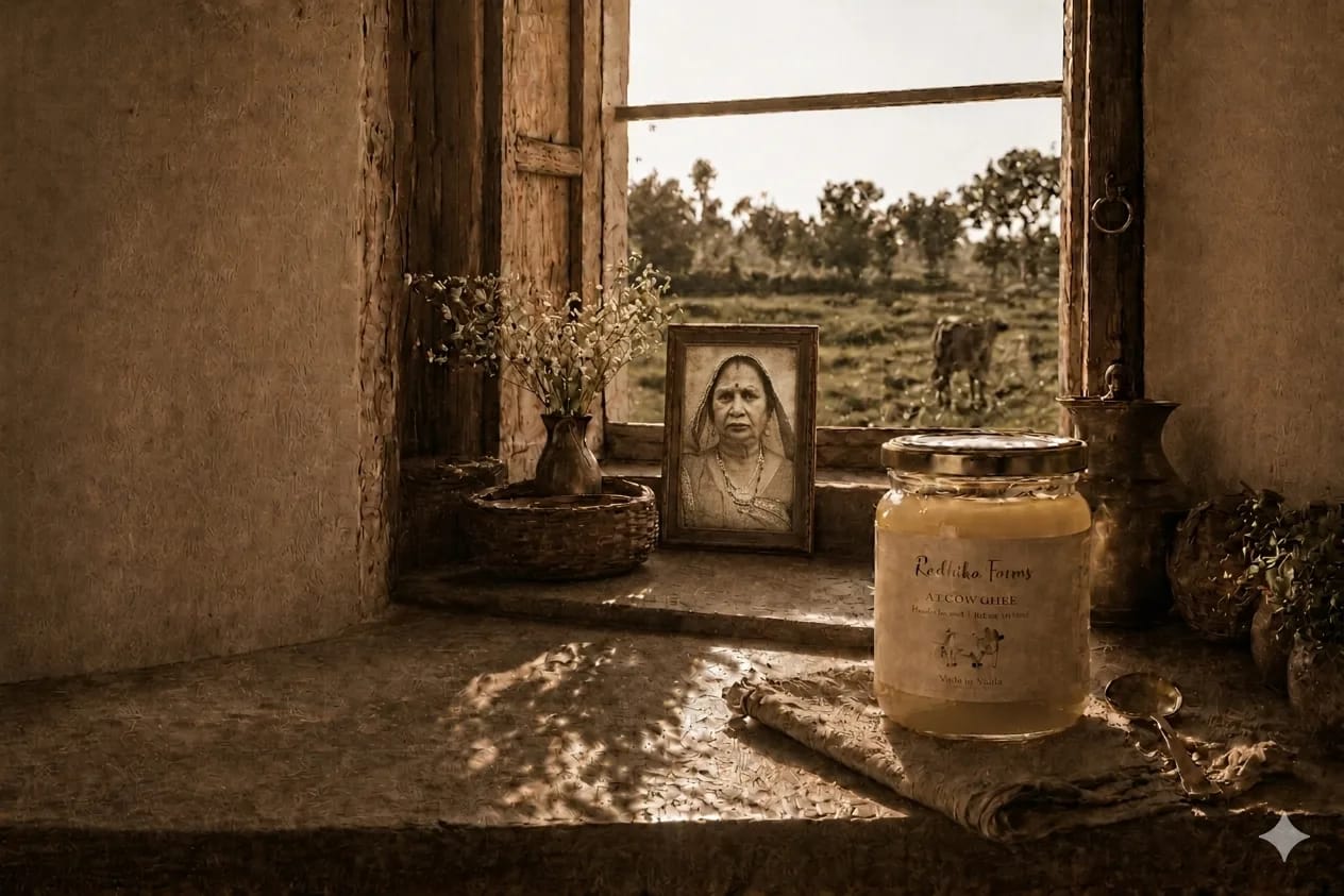 Sunlit rustic kitchen with a view of a lush farm and a ghee jar
